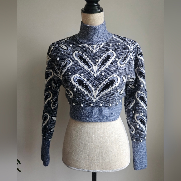 Zara Blue and White Patterned Turtleneck Sweater - Picture 2 of 7